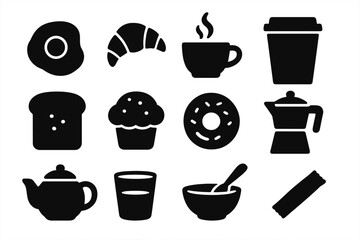 Food and beverage silhouette icon set. Breakfast and coffee essentials vector collection. Morning meal elements like egg, croissant, donut, muffin, toast and hot drinks.