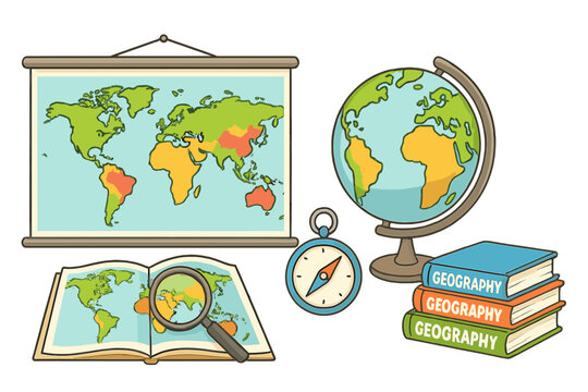 Vector set of geography learning tools. Cartoon collection with world map screen, globe, atlas with magnifier, compass, and textbooks for school. Education and exploration concept.