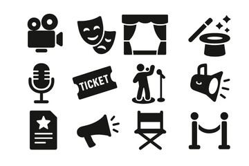 Theater and entertainment solid icon collection. Performance, show, and backstage vector glyphs. Includes camera, masks, stage, ticket, microphone, magic hat, and spotlight.