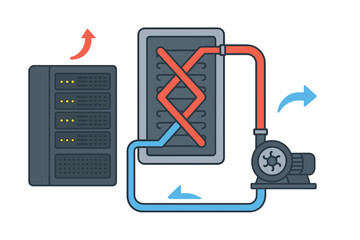 Server liquid cooling system for data center. Thermal management technology concept. Heat exchange equipment with pump and server rack. IT infrastructure diagram illustration.