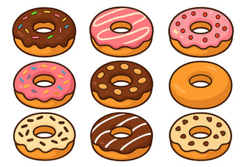 Colorful donut collection. Assortment of glazed doughnuts with chocolate, strawberry, vanilla frosting and sprinkles. Sweet pastry dessert food. Vector cartoon icon set isolated.