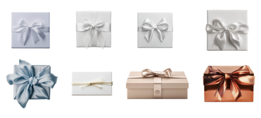 Set of elegant gift boxes in various colors isolated on a transparent background. PNG
