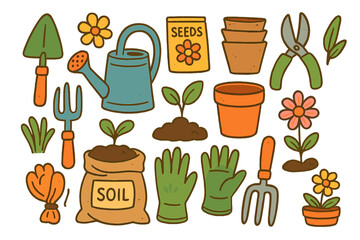 Gardening tools vector icons set. Spring planting equipment. Farming supplies. Includes shovel, soil, seeds, watering can, pot, pruners. Cute cartoon illustration.