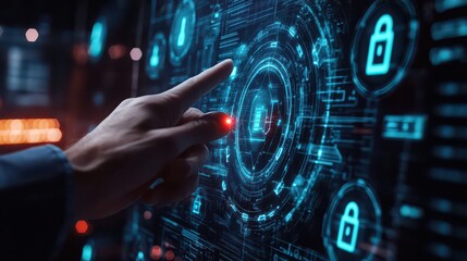 Finger touching digital interface with security icons