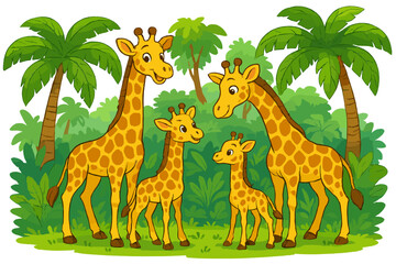 Fototapeta premium Cute giraffe family with parents and young calves in a vibrant jungle. Cartoon vector illustration of wildlife animals in African safari habitat with palm trees. Happy animals.