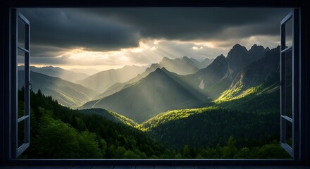 Dramatic mountain valley bathed in ethereal sunlight breaking through stormy clouds seen through a window