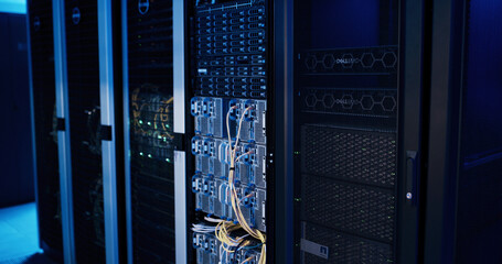 Empty data center, cables and storage in server room for IT, infrastructure and software security....