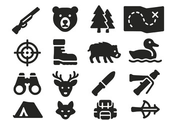 Hunting and wildlife solid icon set. Outdoor adventure and nature exploration symbols. Vector glyph collection with rifle, bear, deer, boar, duck, crossbow and forest elements.