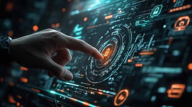 Finger touching a digital lock on a futuristic interface