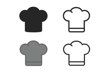 Chef hat icon set. Cook and baker symbol collection for restaurant and kitchen menu. Vector graphic illustration of professional culinary headwear in solid, filled, and outline styles.