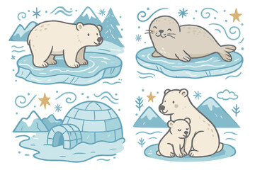Cute Arctic animals set. Polar bear cub, mother bear, seal, igloo on ice floe. Winter wildlife cartoon vector illustration. North Pole, Alaska, Christmas design elements.