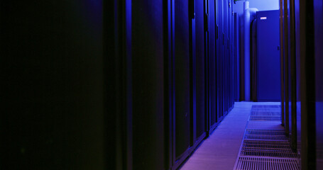 Empty, data center and network storage in server room for IT, infrastructure and software security. Interior, power supply and hud operations for cybersecurity, hardware systems and database machine