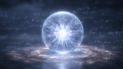 AI core floating inside glass sphere, surrounded by orbiting light particles and math equations - Powered by Adobe