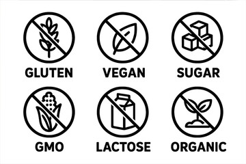 Product Nutrition Icons Set with Gluten Free, Vegan, No Sugar, GMO Free, Lactose Free, Organic Allergy Symbols, Vector Cartoon Illustration Collection for Healthy Food Labeling