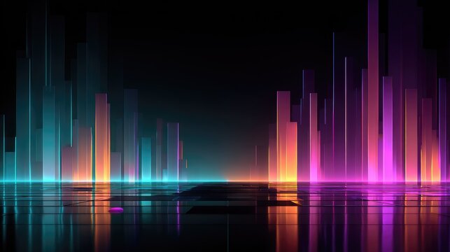 Neon cityscape reflected in a dark, glassy surface - Powered by Adobe