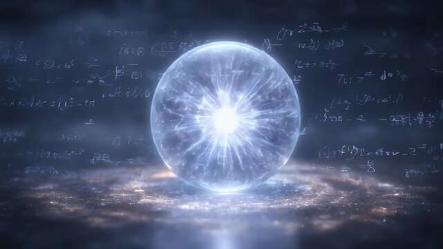 AI core floating inside glass sphere, surrounded by orbiting light particles and math equations - Powered by Adobe