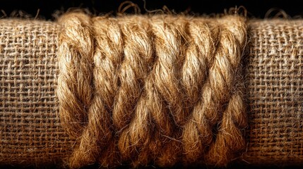 Ultra high resolution of raw jute fiber bundle showing coarse texture golden hue and visible weave suitable for natural fabric backgrounds or eco branding
