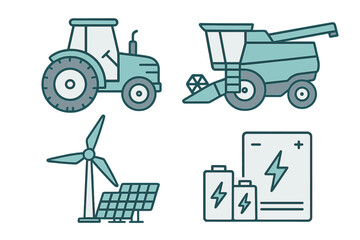 Sustainable agriculture and green energy technology vector icon set. Includes farm equipment, tractor, combine harvester, wind turbine, solar panel, and battery energy storage system.