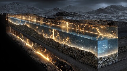 Glowing energy flows within a transparent, rectangular block embedded in dark, rocky terrain