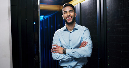 Happy man, portrait and server room with confidence for network control or cybersecurity service....