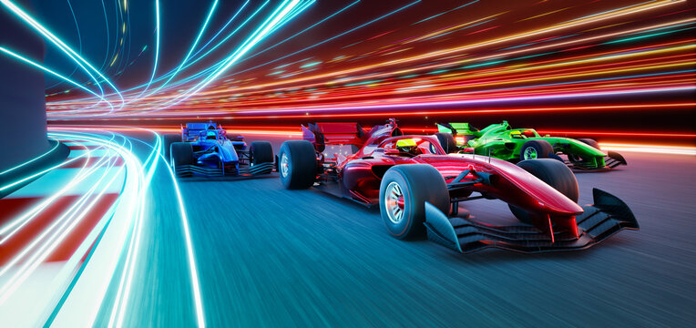 3d rendering racing cars competing on futuristic illuminated track at night - Powered by Adobe