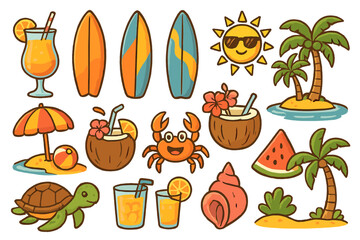 Summer beach elements with vibrant colorful illustrations including tropical drinks, surfboards, cute animals, shining sun, palm trees, watermelon, seashells, and island scenery vector cartoon set
