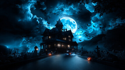 Vector design of the flyer for halloween. Template of poster with terrible house on blue background. Halloween party greeting card.