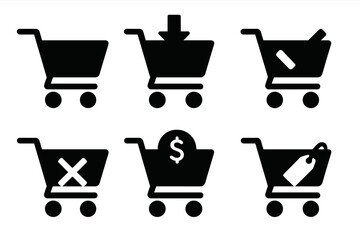 Shopping Cart Silhouette Icon Set, Ecommerce Purchase and Buy Symbols, Vector Cartoon Illustration with Transparent Background, Ordered Collection of 6 Online Shopping Icons