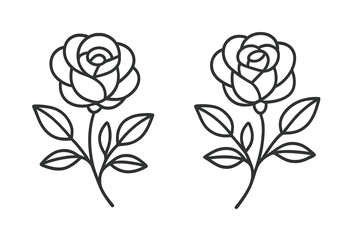 Obraz premium Minimalistic Line Art Roses with Leaves, Elegant Simple Floral Outlines for Design Projects, Vector Cartoon Illustration on Transparent Background, Set of 2
