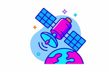 Colorful satellite orbiting Earth with signal waves in space  