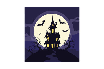 Flat vector illustration of a haunted house on a hill with bats flying and a full moon in the background