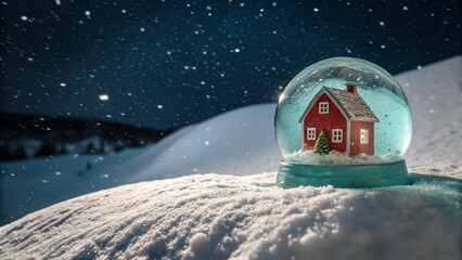 Snow globe showcasing a cozy red house surrounded by falling snowflakes on a winter night