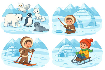 Set of cartoon illustrations. Arctic animals and winter activities. Eskimo kids skiing, sledding, ice fishing. Polar bear, penguin, fox, seal, owl and igloo. Vector clipart.