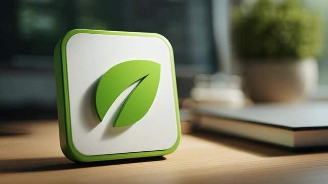 Modern Eco Friendly Logo Design Featuring Green Leaf, Symbolizing Sustainability and Nature, Set Against Blurred Workspace Background
