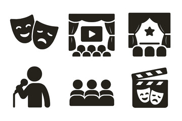 Theater and Cinema Solid Icon Set with Performance Masks, Stage, Audience, Microphone, and Clapperboard Symbols - Vector Cartoon Illustration Collection