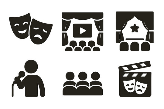 Theater and Cinema Solid Icon Set with Performance Masks, Stage, Audience, Microphone, and Clapperboard Symbols - Vector Cartoon Illustration Collection