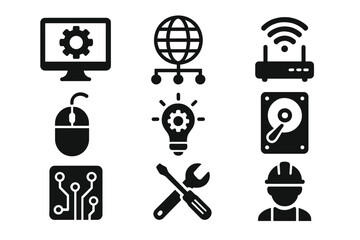 Technology and engineering glyph icon set. Computer service, network management, IT support, hardware repair and data storage solid icons. Technical development vector pack.