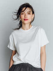 Obraz premium A beautiful female model wearing a white t-shirt. A product shot for fashion and apparel. best use for mockup.