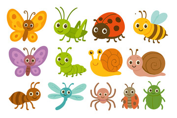Colorful variety of insects and arachnids cartoon vector illustration for educational and children's learning materials, vibrant bug and critter designs for kids