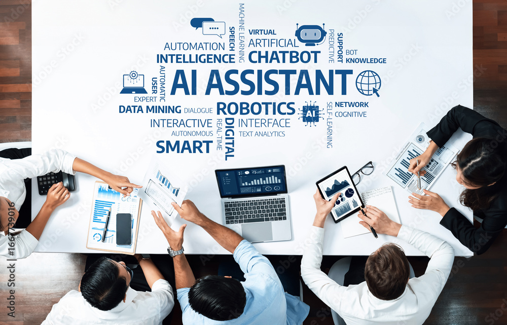 Poster a diverse group of business professionals engaged in collaboration, utilizing ai assistant concepts 