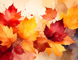  Autumnal watercolor maple leaves in red orange and yellow on a painterly background