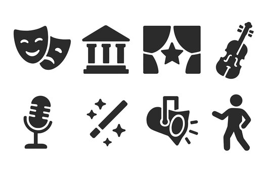 Theater and performance solid glyph icon set. Artistic entertainment symbols collection with tragedy and comedy masks, stage, microphone, violin, spotlight, and magic wand.