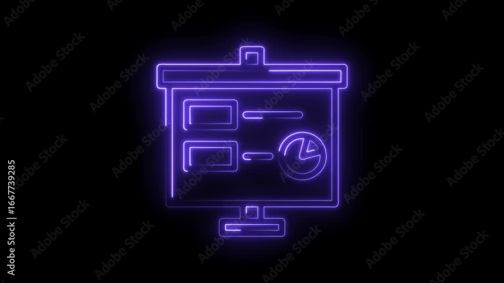 Aufkleber glowing neon presentation board icon with pie chart and list elements on black background digital