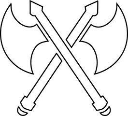 Outline vector of crossed axes, ideal for camping logos, outdoor adventure badges, hunting emblems, and survival gear branding.