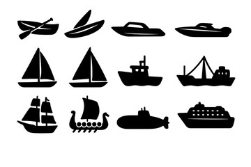 Nautical transport silhouette icon set. Boat, ship, and watercraft vector collection. Sailboat, speedboat, cruise ship, submarine, Viking longship. Sea travel vehicle graphics.