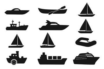 Nautical transport icon set. Boat and ship silhouette collection. Vector graphics of various watercraft: sailboat, yacht, cruise liner, cargo ship, fishing boat, canoe, ferry.
