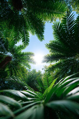 Obraz premium Looking Up Through Green Palm Tree Frond To Blue Sky And Sunlight