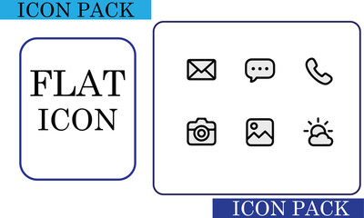 Flat Icon Pack with Communication and Media Icons – Minimalist Black Line Design