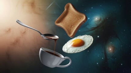Surreal Cosmic Breakfast with Coffee, Egg, and Toast Floating in Space