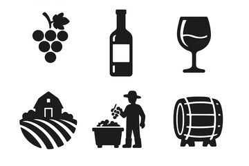 Winemaking vector icon set with black silhouettes. Wine production symbols: grapes, bottle, glass, vineyard landscape, grape harvesting, and an oak barrel for aging. Alcohol.